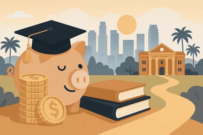 Illustration of a smiling pink piggy bank wearing a graduation cap beside stacked gold coins and textbooks, set against a sunny Los Angeles skyline with palm trees, a winding path, and a classic university building.