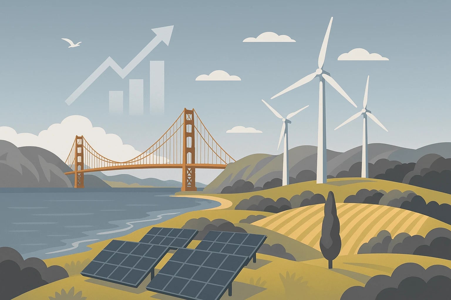 Illustration showing the Golden Gate Bridge beside rolling green hills with solar panels in the foreground, wind turbines on the ridges, and a faint upward arrow in the sky symbolizing growth in sustainable investing.