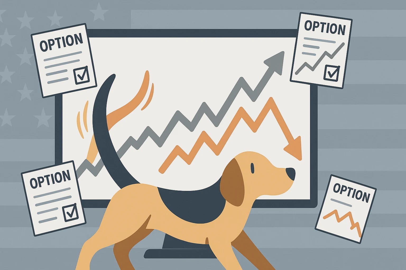 Illustration of a dog’s wagging tail pushing up and down lines on a stock-chart monitor, surrounded by floating option contract icons, symbolizing options driving stock prices.