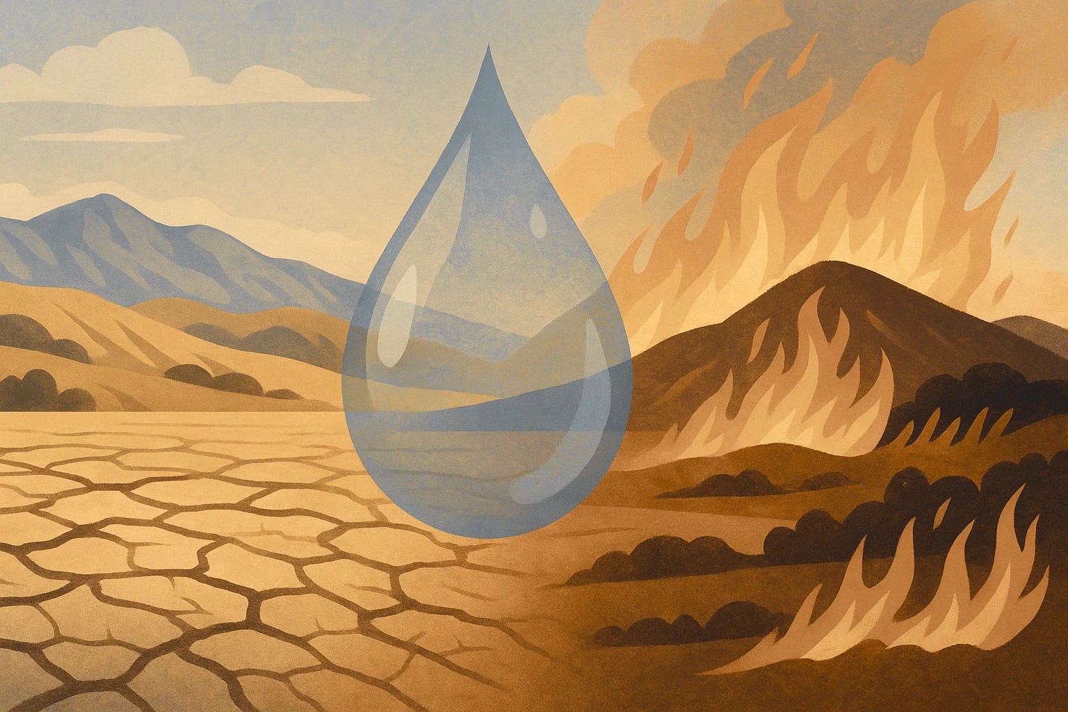 Illustration of cracked dry ground on one side and a burning hillside on the other, divided by a large translucent water droplet.