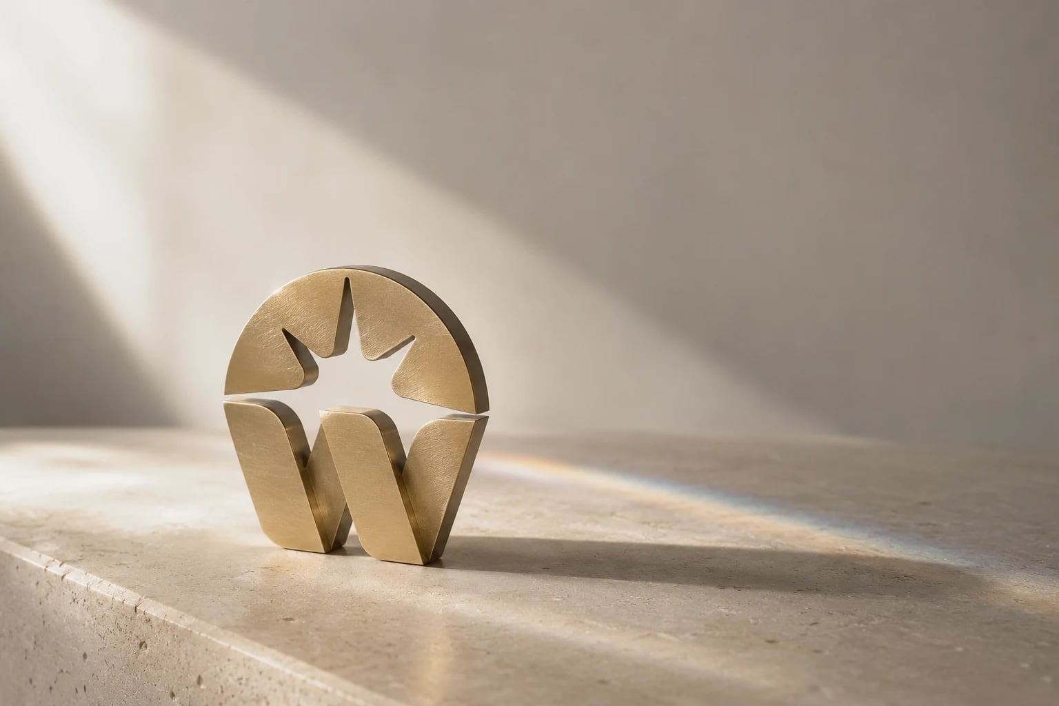 The Westlight Wealth mark, cast in brass, on a stone ledge in late afternoon light