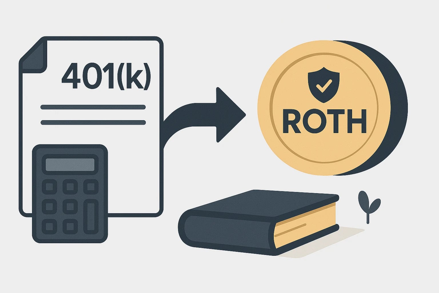 A 401(k) document and a calculator, with an arrow pointing to a gold coin marked Roth, beside a closed book.