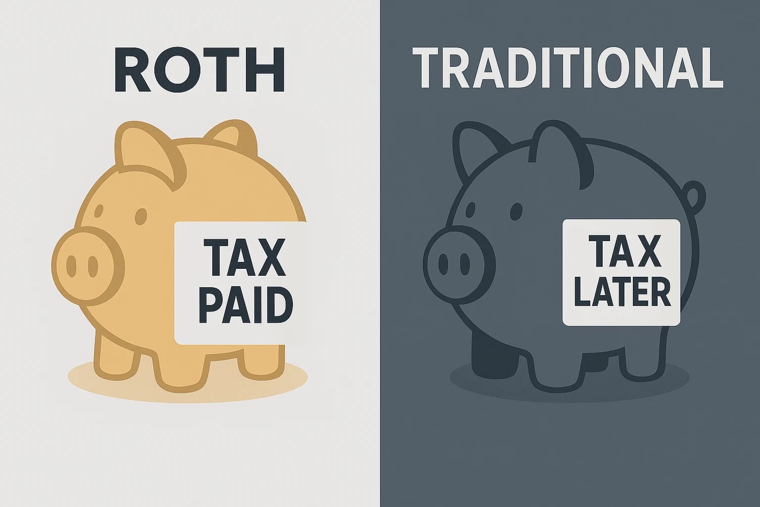 Two piggy banks side by side: a gold one under the word Roth with a tag reading Tax paid, and a dark one under the word Traditional with a tag reading Tax later.