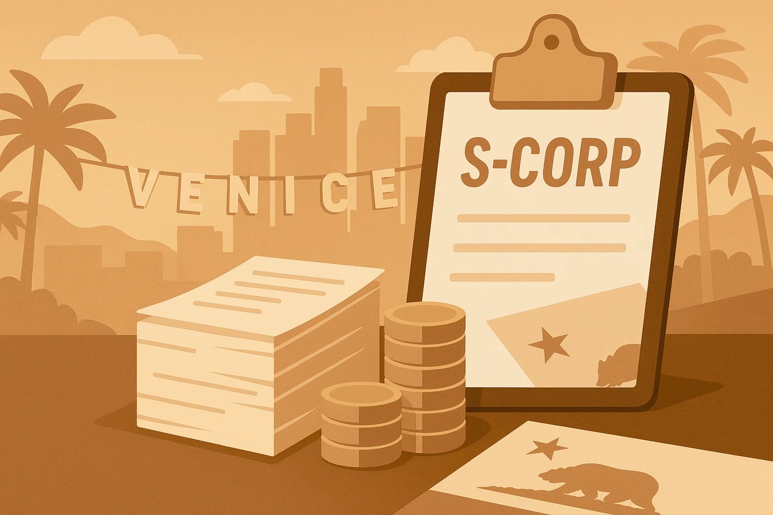 Flat-style illustration of a sunny Venice, California skyline with palm trees, an “S-CORP” clipboard, stacked coins, and tax documents in warm orange tones.