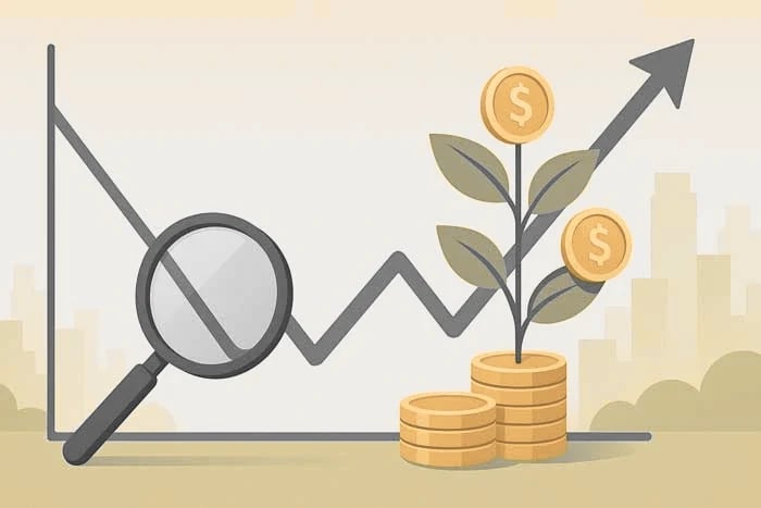 Illustration of a rising line graph, a magnifying glass and a plant sprouting from stacked coins.