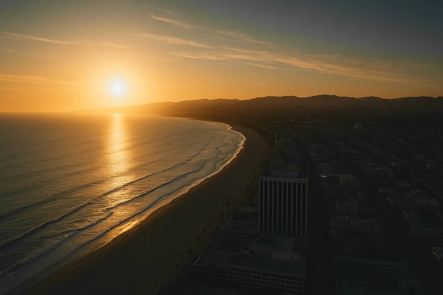 Golden sunset over beach and city