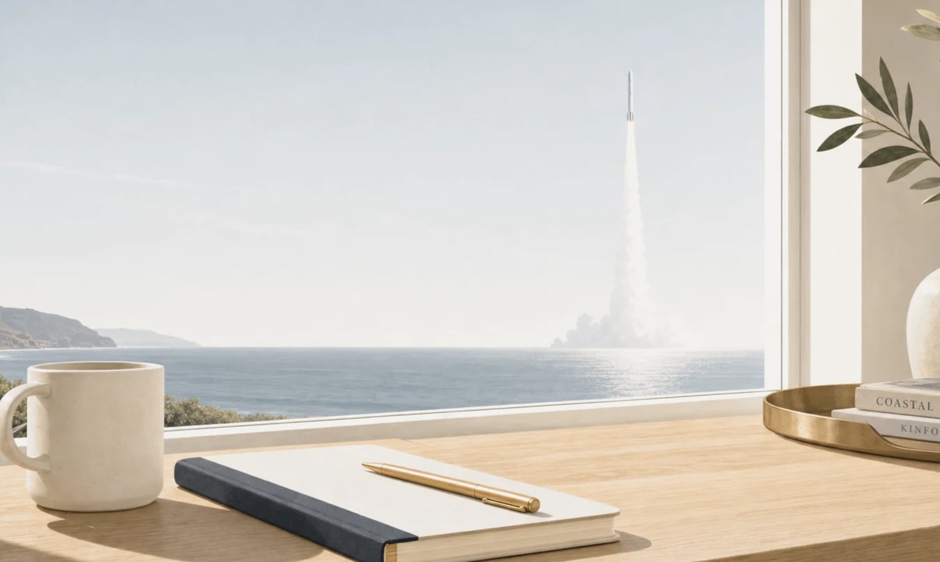A desk by a window over the Pacific, with a rocket launch rising in the distance